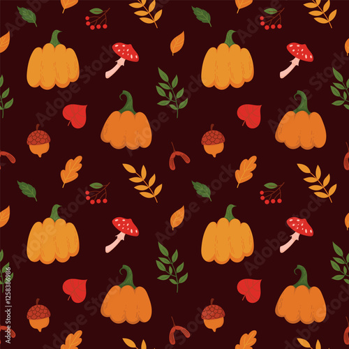 Autumn Nature Elements Seamless Pattern on Dark Background. Hand Drawn Fall Pumpkin, Leaf, Mushroom, Berries, Acorn. Perfect for Seasonal Textiles, Wrapping Paper, Invitations, and Thanksgiving Decor