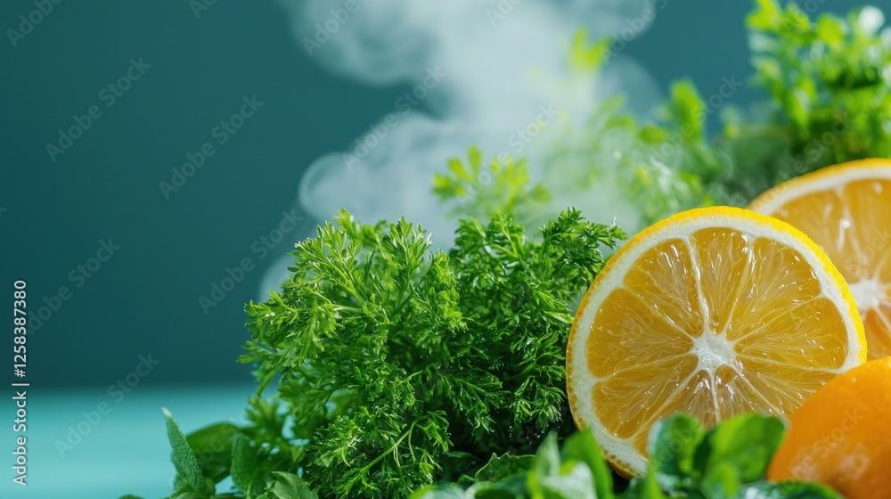 Rejuvenating Steam. Fresh herbs and lemon slices with steam create a vibrant culinary scene. Rejuvenating Steam. Fresh herbs and lemon slices with steam create a vibrant culinary scene.