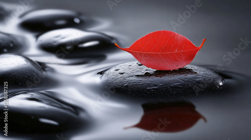 The red leaf rests gently on dark stone, as water flows around it creating a serene autumn scene. AI generative photo