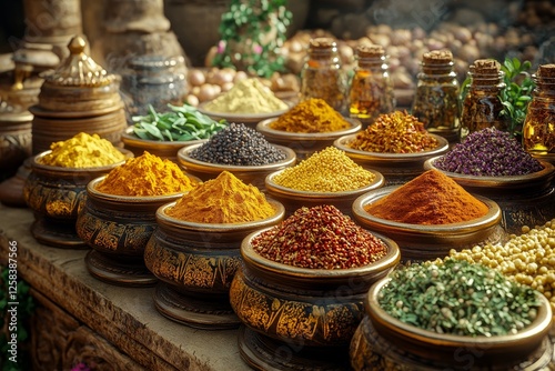Fototapeta Naklejka Na Ścianę i Meble -  Colorful spices at market stall, ancient setting