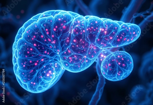 Digital illustration of a pancreas affected by diabetes, highlighting cellular changes in vibrant blue and pink tones.