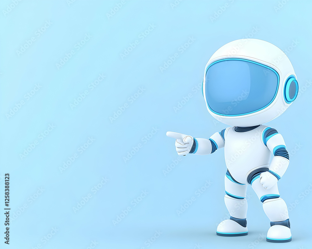 Cute robot pointing to left, presenting new technology in front of light blue wall Cute robot pointing to left, presenting new technology in front of light blue wall