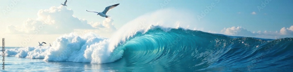 Oceanic wave crest with seagulls in flight above, flying, sea Oceanic wave crest with seagulls in flight above, flying, sea