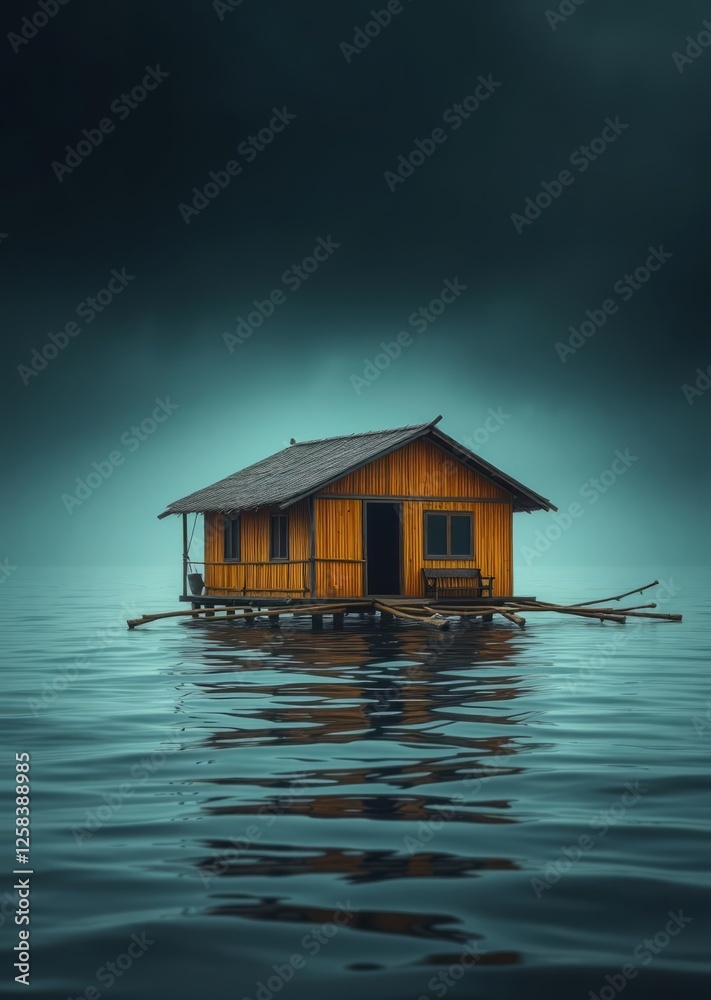Yellow bamboo cottage on the fish raft in the sea bamboo house background beautiful bamboo asian seaport baltic sea antebellum