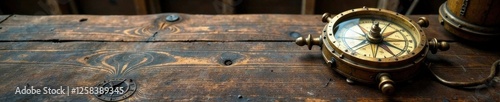 Old navigational instruments on a worn wooden table, nautical, sextant