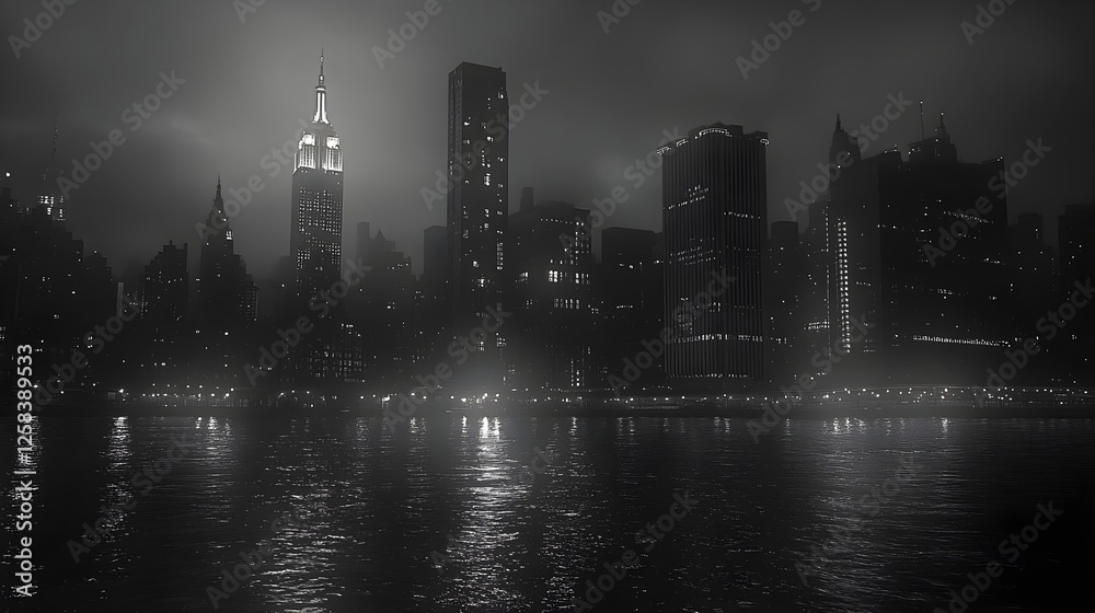 Fototapeta premium Night City Skyline with River Reflection