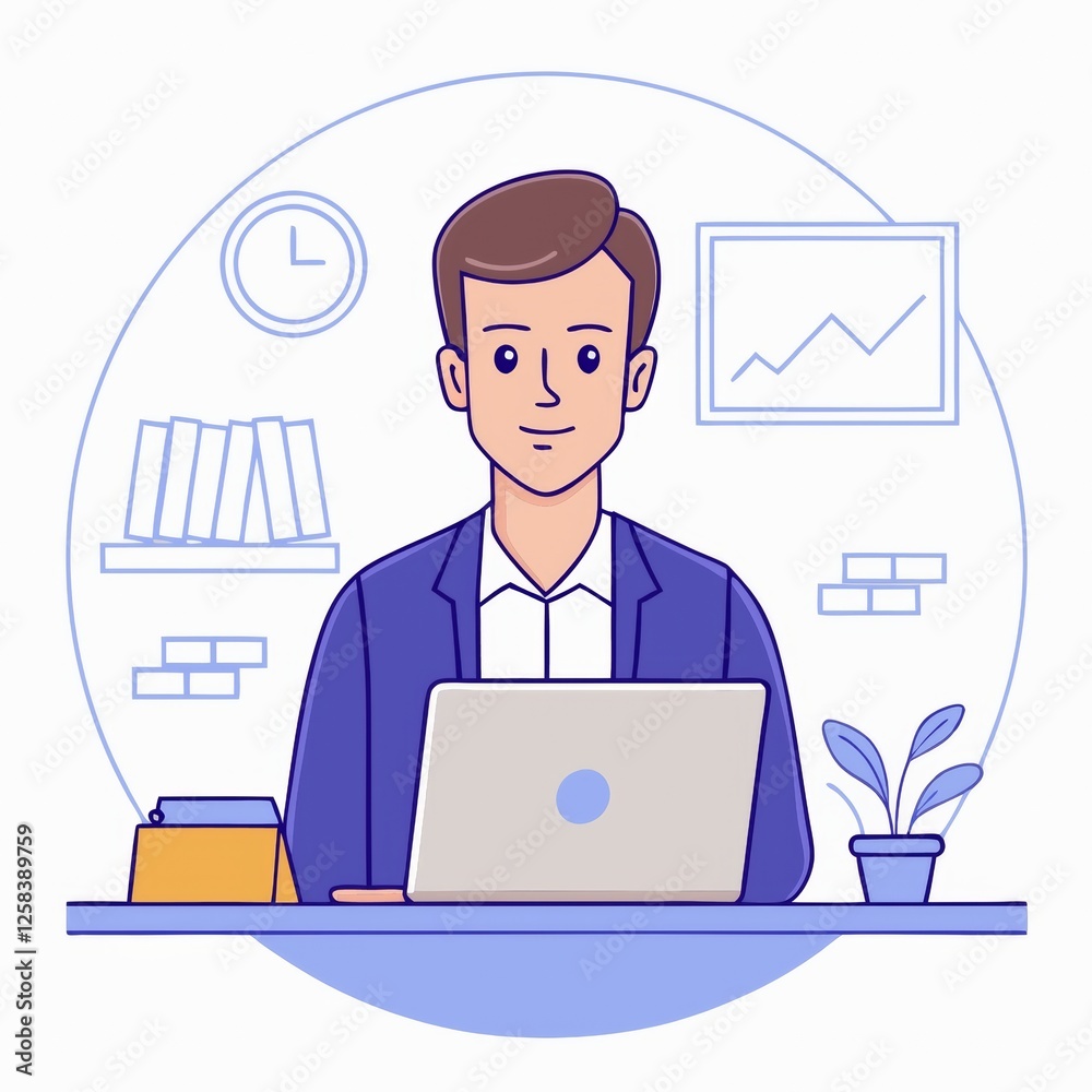 A digital marketer working on a laptop, analyzing website traffic and managing social media accounts. Cartoon A digital marketer working on a laptop, analyzing website traffic and managing social media accounts. Cartoon