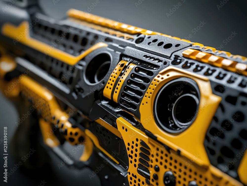Fototapeta premium A close-up of the barrel and magazine cap, highlighting intricate details like yellow accents on black parts and silver metal surfaces.