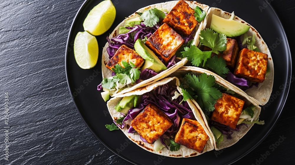 Delicious vegan tacos with pan-fried tofu, avocado, red cabbage, and cilantro on a black plate. Delicious vegan tacos with pan-fried tofu, avocado, red cabbage, and cilantro on a black plate.