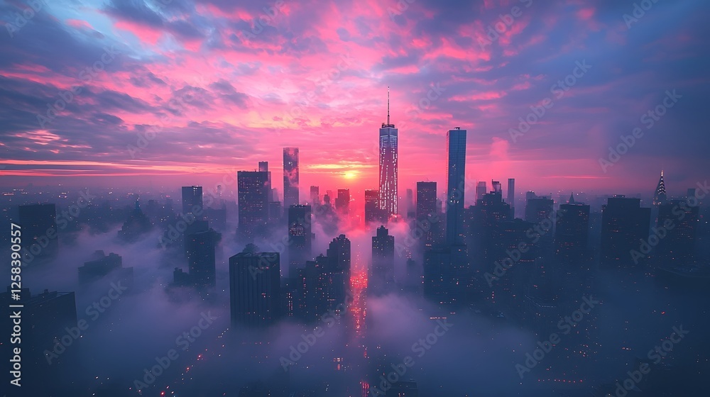 Ethereal cityscape at the break of dawn with a gentle mist rising gently between the towering skyscrapers creating a moody and atmospheric urban landscape Ethereal cityscape at the break of dawn with a gentle mist rising gently between the towering skyscrapers creating a moody and atmospheric urban landscape