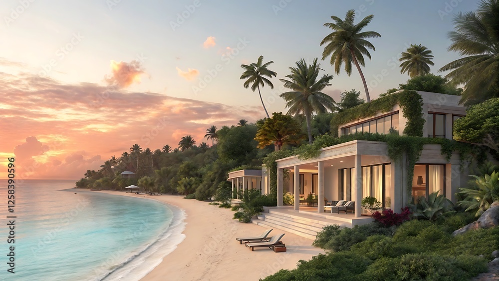 Fototapeta premium Stunning beachfront villa nestled on a tropical island paradise at sunset