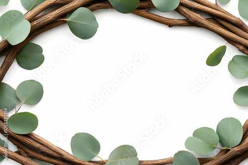 Eucalyptus leaves and branches border white. Design element for a nature-themed invitation