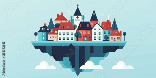 Wallpaper Mural Floating Village Illustration with Colorful Houses and Trees Torontodigital.ca