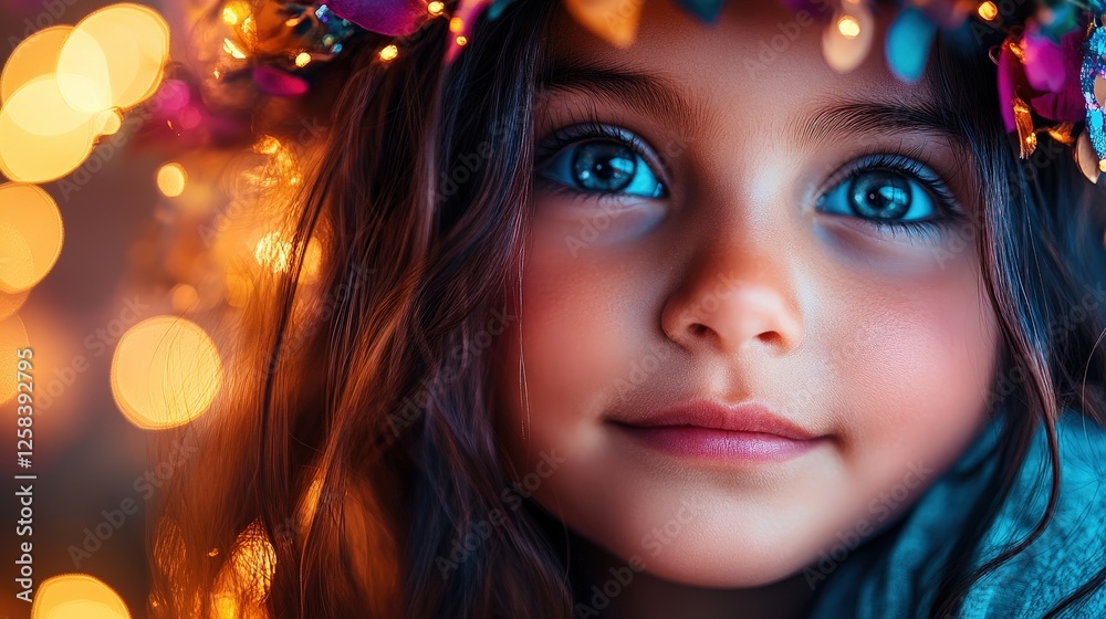 A captivating close-up portrait of a young child adorned with twinkling lights, conveying innocence and wonder, while highlighting the magical atmosphere created by ambient illumination. A captivating close-up portrait of a young child adorned with twinkling lights, conveying innocence and wonder, while highlighting the magical atmosphere created by ambient illumination.