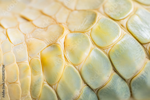 Macro shot of crocodile belly scales, smooth yet textured, pale yellow and greenish hues creating natural patterns. photo