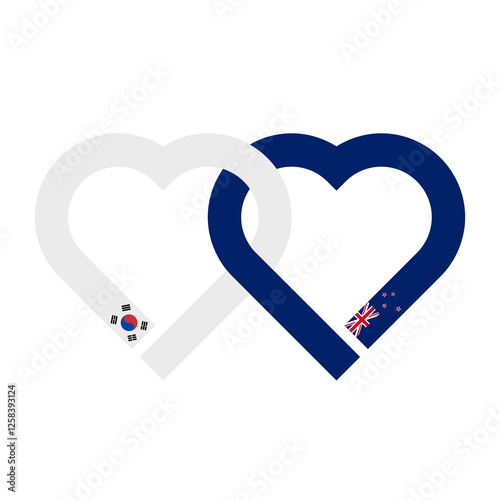 heart shaped ribbon of south korea and new zealand flags intertwined. vector illustration isolated on white background