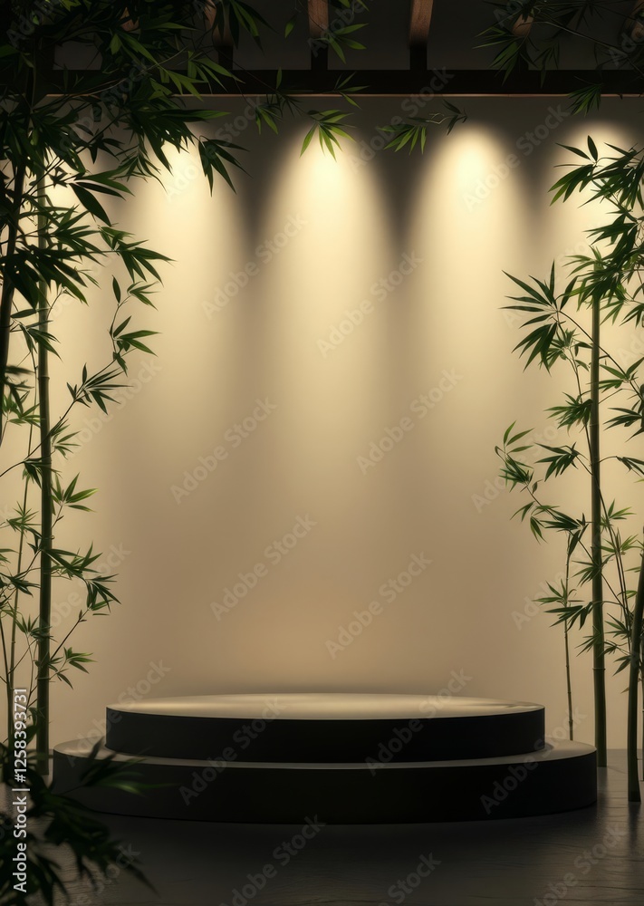 Empty podium with green bamboo branches on light background with generative ai bamboo house background beautiful bamboo asian seaport baltic sea antebellum