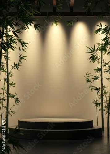 Obraz na płótnie Empty podium with green bamboo branches on light background with generative ai bamboo house background beautiful bamboo asian seaport baltic sea antebellum w salonie