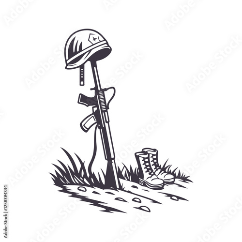 Fallen soldier memorial silhouette. American Independence or Memorial day Vector Clipart Illustration background.