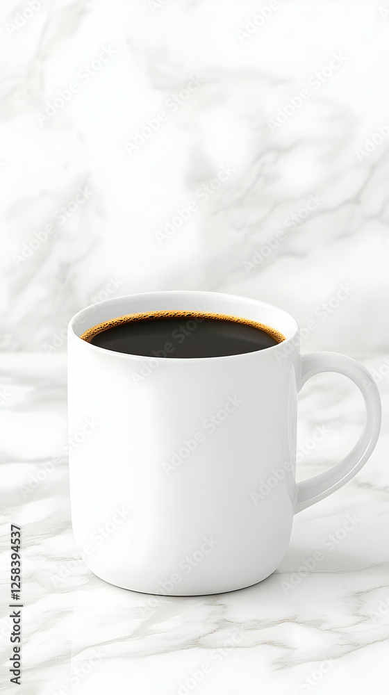 Fresh black coffee in white mug on marble table; good for a morning drink Fresh black coffee in white mug on marble table; good for a morning drink