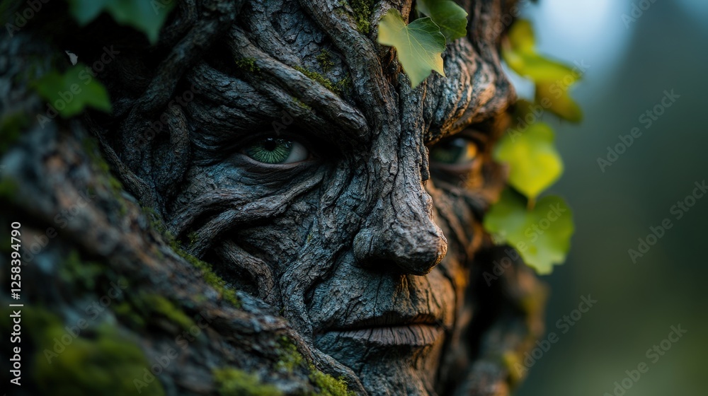 An intricate close-up of a tree man reveals the gnarled bark-like features, symbolizing the unity between human existence and nature while showcasing an exquisite artistic expression. An intricate close-up of a tree man reveals the gnarled bark-like features, symbolizing the unity between human existence and nature while showcasing an exquisite artistic expression.