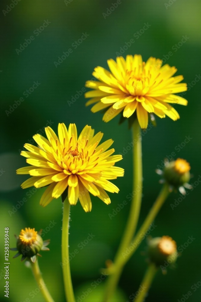 Pair of dandelion flowers with yellow petals and brown centers, swaying in the breeze , field, sunny, spring Pair of dandelion flowers with yellow petals and brown centers, swaying in the breeze , field, sunny, spring