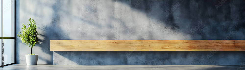 Modern Minimalist Interior, Wood Shelf Against Concrete Wall, Plant in Pot, Sunlight Streams Through Window Modern Minimalist Interior, Wood Shelf Against Concrete Wall, Plant in Pot, Sunlight Streams Through Window