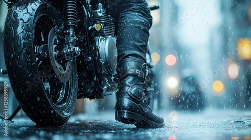 Rainy Night Motorcycle Rider Boots And Machine