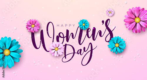 8 March. Happy Women's Day Floral Illustration. International Womens Day Vector Design with Colorful Spring Flower and Typography Lettering on Light Pink Background. Woman or Mother Day Theme Template