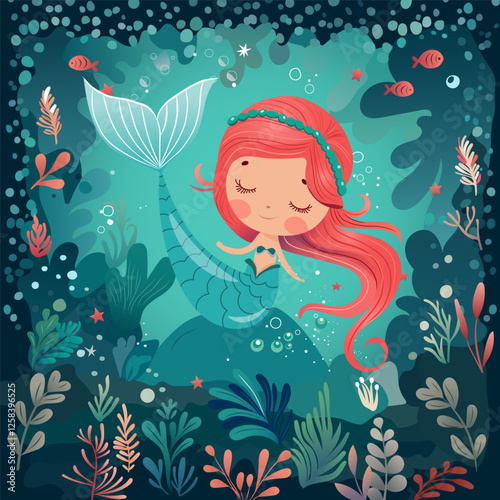 Cute little mermaid with red hair swimming underwater among corals and fish. Fantasy sea world illustration in fairy tale style. Perfect for children's design, prints, and decor