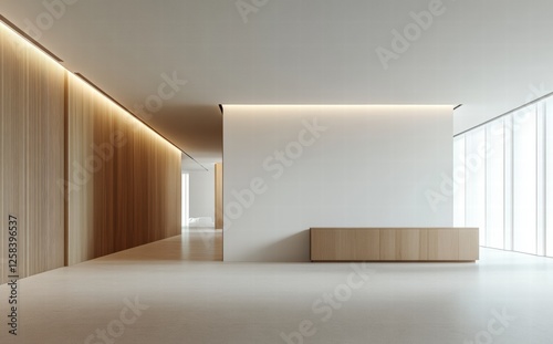 A large, empty room with a white wall and wooden paneling