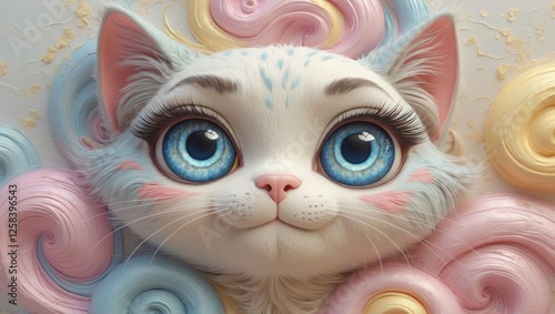 An Adorable and Cute Cartoon Cat Character Featuring Big Expressive Eyes and a Unique Design.