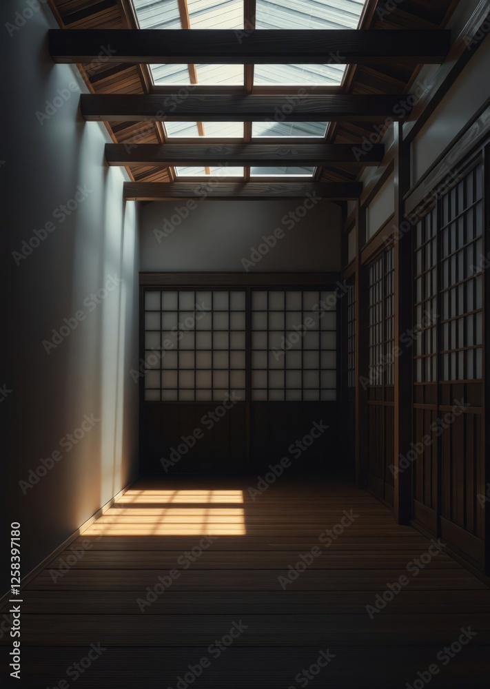 Shoji screens and wooden beams in a minimalist room bamboo flooring creating a calm and serene environment side view elegant traditional space scifi tone triadic color scheme bamboo house background b
