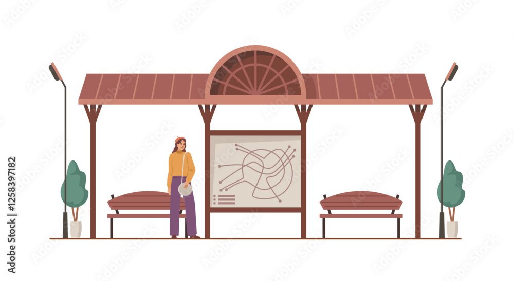 Transport or bus stop with shelter, seats and lanterns, tree or bush decoration. Vector isolated female personage waiting for vehicle, traveling and commuting to work. Board with information Transport or bus stop with shelter, seats and lanterns, tree or bush decoration. Vector isolated female personage waiting for vehicle, traveling and commuting to work. Board with information