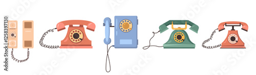 Communication invention, retro mobile phone evolution. Vector flat cartoon style, isolated devices and gadgets from different generations and times. Rotary dial system for calling on wire