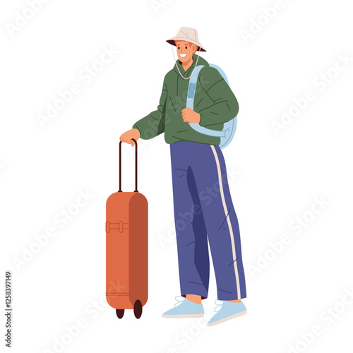 Walking passenger holding luggage and carrying bag on shoulder. Vector isolated traveling man wearing hat. Going on vacation or trip alone. Holiday or weekends, commuting or waiting for transport