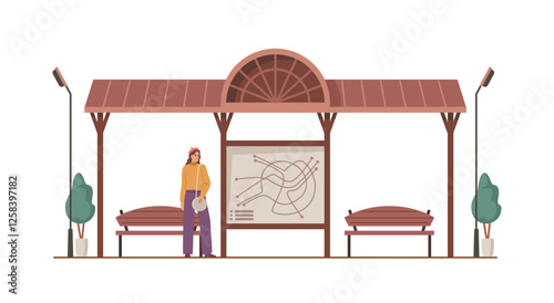 Transport or bus stop with shelter, seats and lanterns, tree or bush decoration. Vector isolated female personage waiting for vehicle, traveling and commuting to work. Board with information