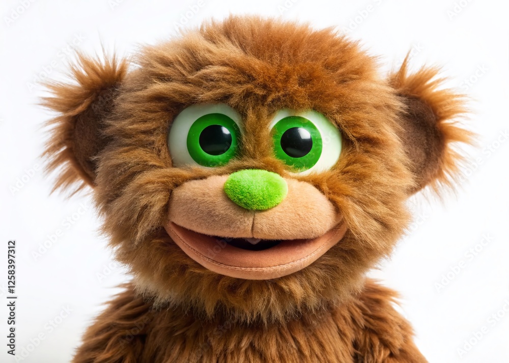 Obraz premium Adorable Brown Furry Puppet with Green Eyes - Isolated on White Background for Crafts, Storytelling, and Children's Media