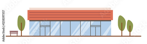 Exterior of modern supermarket, isolated shop with landscape design, trees and bench. Vector facade of shopping mall or center with panoramic windows and entrances for visitors and shoppers