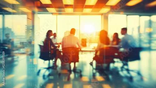 People working together, collaboration in office conference room at sunset, business strategy in skyscrapers, teamwork brainstorming