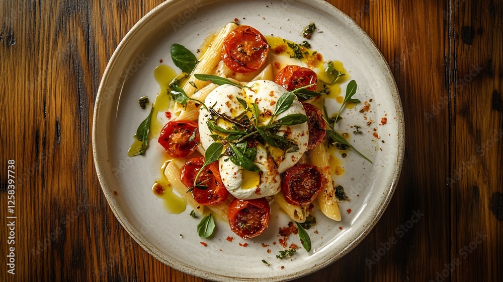 Overhead shot of penne pasta with burrata cheese, roasted cherry tomatoes, herbs, and olive oil on a rustic wooden table. Overhead shot of penne pasta with burrata cheese, roasted cherry tomatoes, herbs, and olive oil on a rustic wooden table.