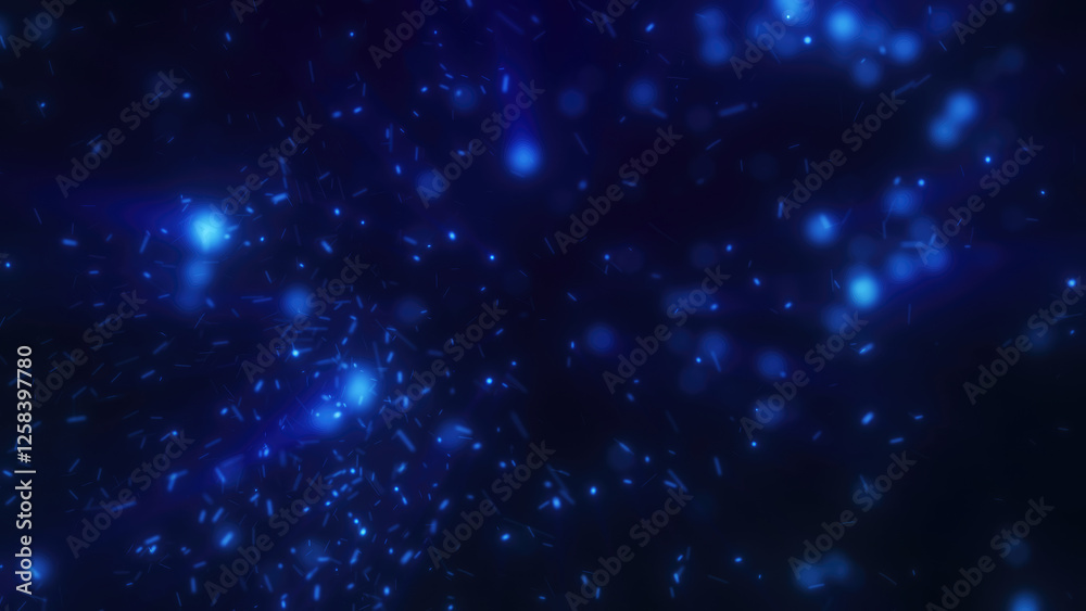 Fototapeta premium Shimmering blue snowflakes on a deep blue background, evoking coolness and serene winter nights