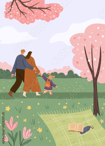 Parents and kid walking in park. Vector people on weekends strolling in rural area, blanket with book and thermos for tea on picnic. Summer and spring outdoors activities for mom, dad and kid