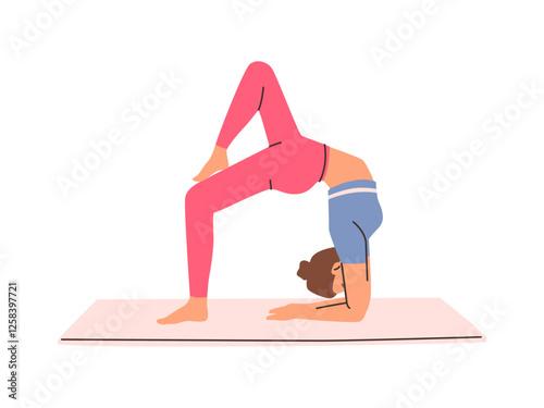 Female character doing yoga asanas and working out. Vector isolated sportive and flexible personage on mat. Sports and leisure activities for healthy and fit life. Exercises and fitness