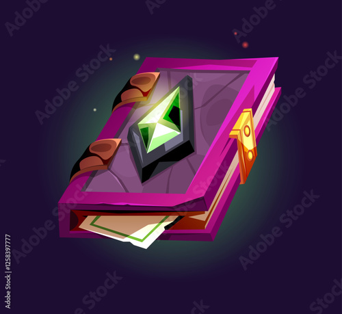 Magic book cover with gem or crystal and lock. Vector isolated mysterious publications with torn pages, witchcraft and occultism. Game asset or witch grimoire with spells and alchemic recipes