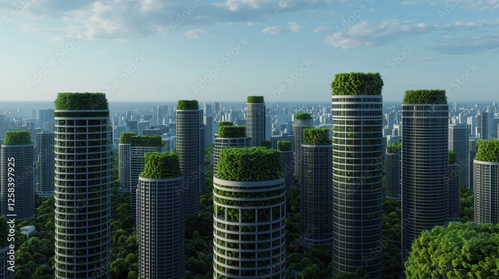 Obraz premium Urban Towers Surrounded by Lush Greenery in Eco-Friendly Landscape