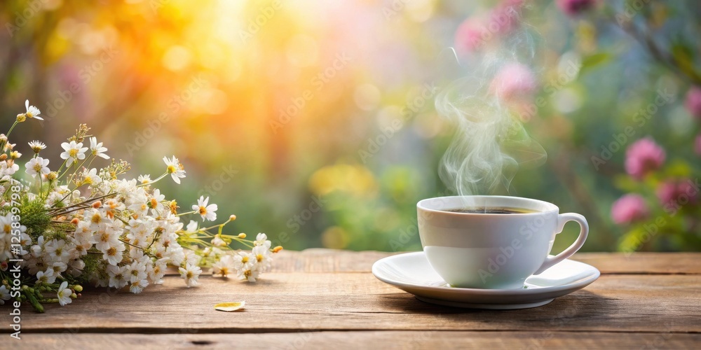 Aromatic Coffee Steam Rises Above a Cup on a Wooden Table Beside a Bouquet of Daisies in a Sunny Garden Aromatic Coffee Steam Rises Above a Cup on a Wooden Table Beside a Bouquet of Daisies in a Sunny Garden