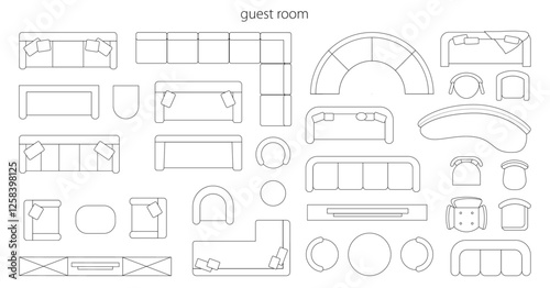 Guest room furniture for interior design plan. Vector flat cartoon, schematic top view. Isolated objects for living space, sofa with cushions, armchairs and console for tv set, table and chairs