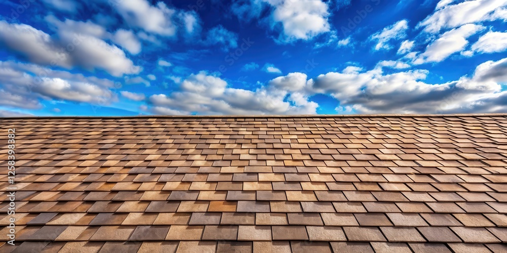 A Detailed View of a Brown Shingle Roof Under a Bright Blue Sky with Fluffy Clouds A Detailed View of a Brown Shingle Roof Under a Bright Blue Sky with Fluffy Clouds