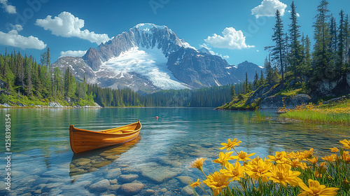 Crystal clear lake with boat in the background picturesque beauty of alpine mountains in the background.